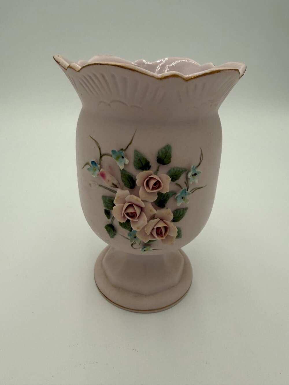 Vintage Lefton Pink Ceramic Vase Hand-Painted Floral Design 6" Tall